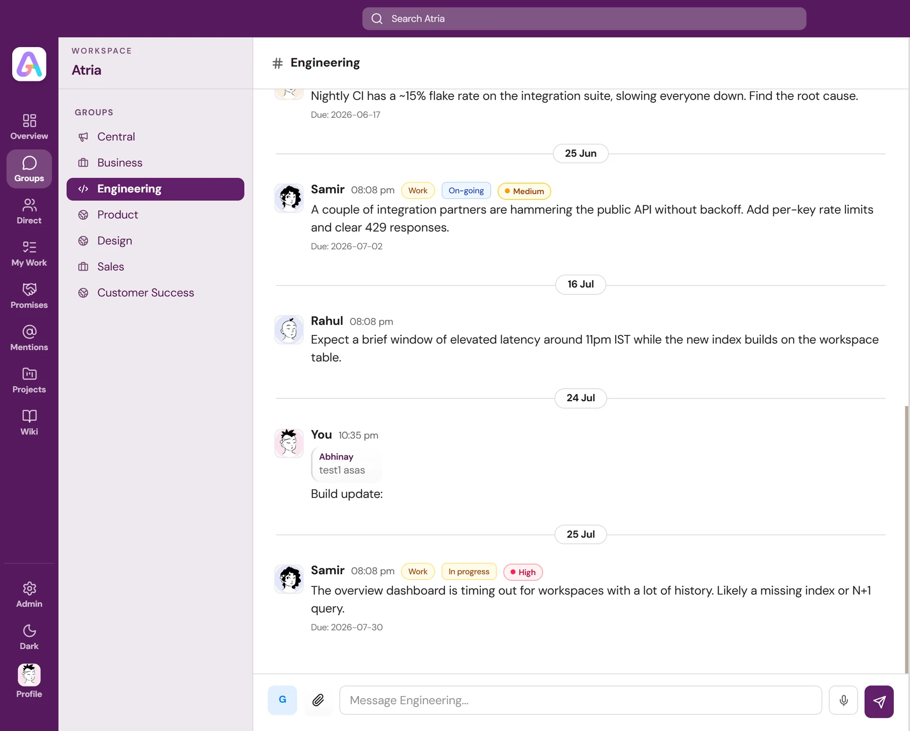 Chat in Atria, with the workspace sidebar and an Engineering channel