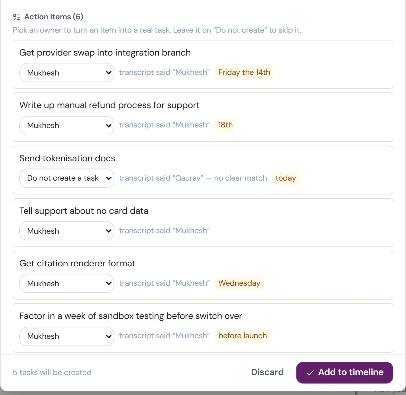 Meeting review: action items with owners and dates, and Add to timeline